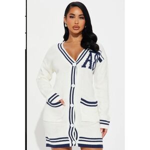 Fashion Nova Womens Cardigan Dress Cream Navy Varsity Letter Midi Long Sleeve XL
